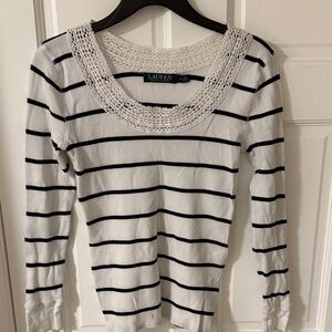 Ralph Lauren Ribbed White/Navy Striped Long Sleeve Top Crochet Neckline Small